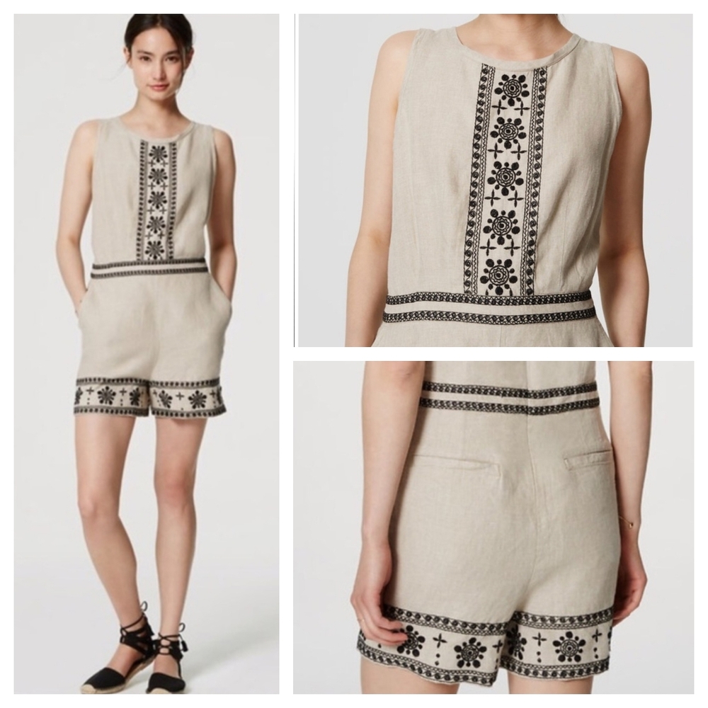 LOFT Ann Taylor Linen Embroidered Romper Sleeveless Tan Beige Black Size 12